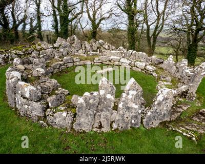 DIN Lligwy und römisch gealterte, defensive Siedlung, die von einheimischen Briten in der Nähe von Moelfre in Anglesey, Wales, Großbritannien, erbaut wurde. Stockfoto