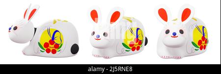 Die japanische Volkskunst und der Thannel-Hase, bestehend aus 3D Abbildungen. Stockfoto