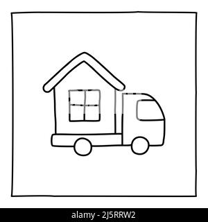 Doodle House auf LKW-Symbol. Schwarz-weißes Symbol mit Rahmen. Linie Art Stil Grafik Design Element. Web-Taste. Umzug in ein neues Haus, Movers Service, ren Stock Vektor