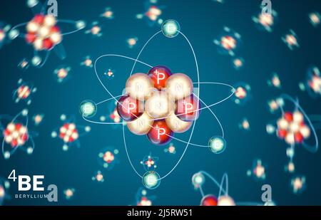 3D Modell des Berylliums (Be) Ein chemisches Element mit der Ordnungszahl 4, ein Metall, das zur zweiten Hauptgruppe des Periodensystems gehört. Stockfoto