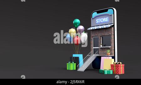 3D Online-Shop Jahrestag Verkauf Banner. Auf dem Telefonbildschirm mit Geschenkbox, Einkaufstaschen und bunten Ballons angezeigt. 3D Rendern. Stockfoto