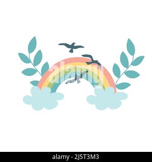Vektor Baby Regenbogen Illustration mit Vögeln. Handgezeichneter Regenbogen. Niedliches Design für Babydusche, Kinderkleidung drucken, Karte. Stock Vektor