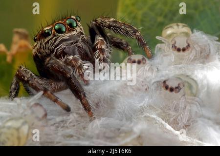 Big Spinne Mutter und ihre vier kleinen Kinder Stockfoto