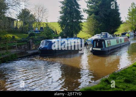 Ein enges Boot, das an einem anderen festgemacht hat, mit anderen festgetäuten Booten im Hintergrund auf dem Shropshire Union Kanal in der Nähe von Audlem, chemhire, Großbritannien Stockfoto