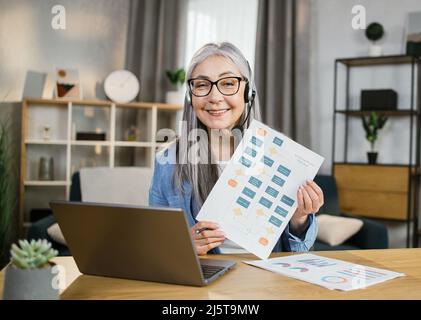 Lächelnde ältere Frau im Headset mit Videokonferenz auf dem Laptop, während sie von zu Hause aus arbeitet. Eine ziemlich grauhaarige Dame, die am Schreibtisch sitzt und zu Hause Grafiken und Diagramme zeigt. Stockfoto