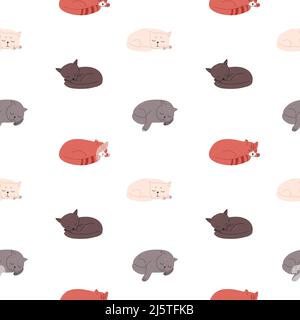 Niedliche, handgezeichnete Katzenstruktur. Schlafende Katzen auf einem nahtlosen Muster. Vektor-Tapete mit Kätzchen, die ruhen liegen. Flacher Style. Stock Vektor