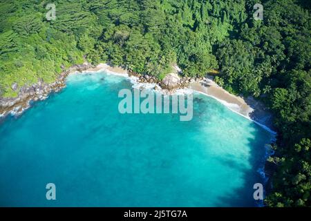 Drohne Sichtfeld der geheimen Bucht mit türkisblauem Wasser treffen den Wald auf der abgeschiedenen Insel Mahe, Seychellen. Stockfoto