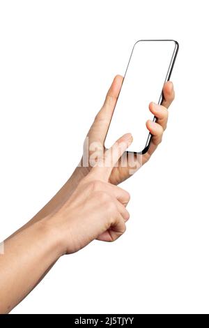 Frameless smartphone mockup with white screen. Isolated on white background. New tecnology smartphone frameless design concept. Stockfoto