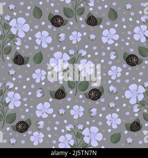 BlackBerry-Muster (Blumen und Beeren), farbenfrohe nahtlose Muster mit grauem Hintergrund Stock Vektor