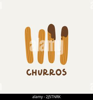 Logo für Churreria. Churros und Schokolade. Traditionelles spanisches Gebäck zum Frühstück. Vektorgrafik für Design und handgeschriebenen Text. Stock Vektor