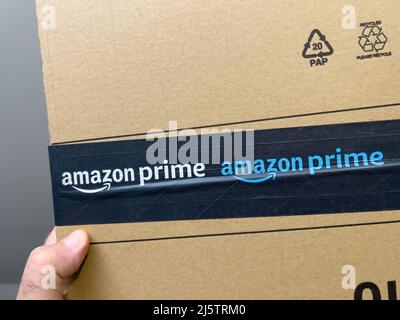 Paris, Frankreich - 25. Apr 2022: Nahaufnahme der männlichen POV-Hand mit neuem umweltfreundlichen Wellpappenpaket mit Amazon Prime Online-Shopping-E-Commerce-Logo Stockfoto