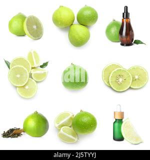 Set aus aromatischen Bergamotte-Früchten, Tee und ätherischem Öl auf weißem Hintergrund Stockfoto