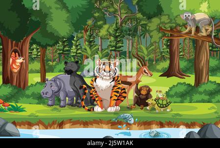 Wilde Tiere Cartoon-Figuren in der Waldszene Illustration Stock Vektor