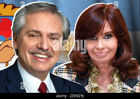 Alberto Fernández, Cristina Fernández de Kirchner, argentinische Flagge und Wappen der justizialistischen Partei Stockfoto