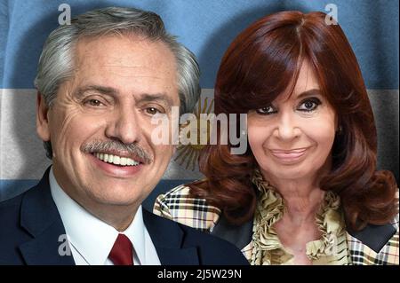 Alberto Fernández, Cristina Fernández de Kirchner und die Flagge Argentiniens Stockfoto