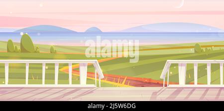 Weiße Holzterrasse und Blick auf die Sommerlandschaft mit grünen Feldern und See am Horizont. Vektor-Cartoon-Illustration der Landschaft mit Sträuchern, Hügel, Fluss und Haus Veranda am frühen Morgen Stock Vektor