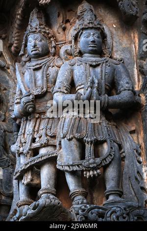 21. Dezember 2021, Halebidu, Karnataka, Indien, Hoysaleswara Tempel Skulptur Arbeit, 12.-Jahrhundert Hindu-Tempel Shiva gewidmet. Stockfoto