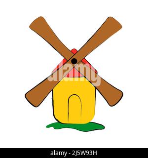 Windmühle Fee, Karikatur isoliert auf weißem Hintergrund. Retro, ländliches Gebäude, Turm mit Holzpropeller. Stockfoto