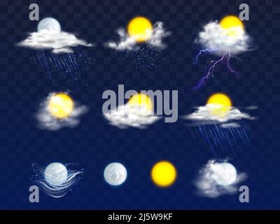 Sonne und Mondscheiben klar und in Wolken mit Regen und Schnee Ikonen 3D realistischer Vektor isoliert auf transparentem Hintergrund gesetzt. Meteorologie-Kalender, weat Stock Vektor