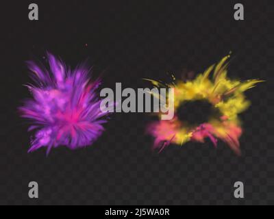 Vector 3D realistische Farbpulver-Explosion auf schwarzem Hintergrund. Symbol des Holi-Festivals, der Feiertag des hinduistischen Frühlings in Indien.Staub explodieren für Brigh Stock Vektor