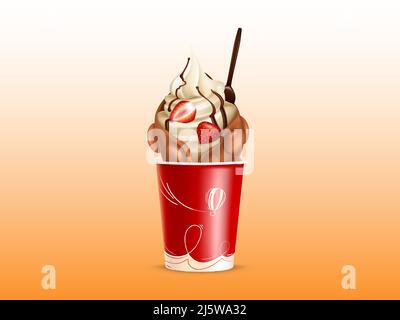 Vector Bubble Waffel mit Erdbeeren in handlichem Plastikbecher. Einwegbehälter mit köstlichem Schokoladenprodukt, Schlagsahne oder Eisbecher. Essen in r Stock Vektor