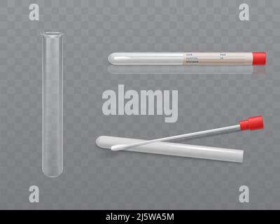 Vector Medical Set für die Analyse - q-Tip mit Wattestäbchen und Reagenzglas, transparente Glaskapsel. Individuelle Hygieneartikel in Kunststoffbox mit d Stock Vektor