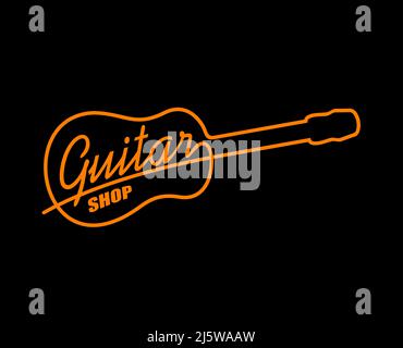 Akustikgitarre Neonschild oder Vektor-Ikone von Musikgeschäft, Rockbar, Live-Show oder Konzert, Nachtclub, Disco-Party oder Pub. Orange Neonlicht Silhouette der Gitarre, glühende Saiten Musikinstrument Stock Vektor