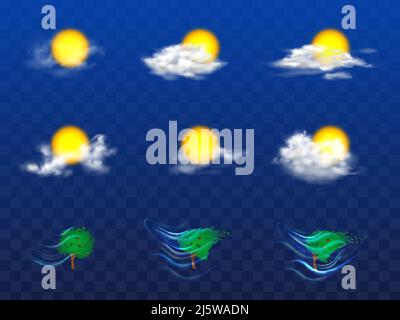 Vector 3D realistisches Set mit Wetterprognoseelementen - Sonne in weißen Wolken, grauem Nebel und anderen Meteorologie-Symbolen. Baum mit Laub im Wind iso Stock Vektor