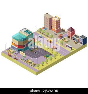 Vector 3D isometrisches Stadtzentrum - ein Einkaufszentrum, Supermarkt mit Parkplatz und lebenden mehrstöckigen modernen Gebäuden. Straße mit Verkehr, Autos, Bus Stock Vektor