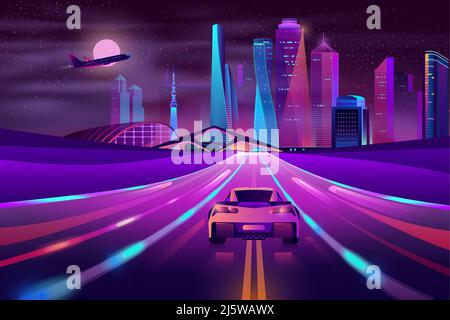 Moderne City Highway Neon Cartoon Vektor mit Sportwagen schnell in der Nacht auf drei-Wege-Hochgeschwindigkeitsautobahn, Flugzeug fliegen über Metropole Skyscrap Stock Vektor