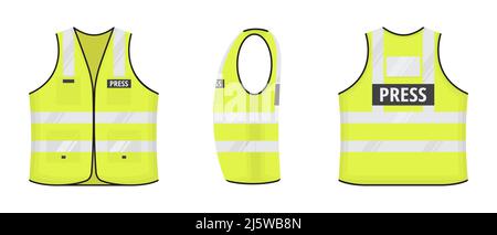 Reflektierende Warnweste mit Etikett, DRUCKSCHILD, flaches Design, Vektor-Illustration. Gelb fluoreszierende Sicherheits-Arbeitsjacke mit reflektierenden Details Stock Vektor