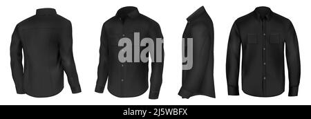 Klassisches Hemd aus schwarzer Seide mit langen Ärmeln und Taschen auf der Brust in Halbdrehung vorne, Seite und hinten Ansicht 3D realistische Vektor-Mockup-Set. Herren Freizeit Stock Vektor