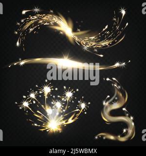 Brennende Wunderkerzen, Metallschweißen Funken, Feuerwerk und pyrotechnische Lichteffekte 3D realistische Vektor-Illustration Set isoliert auf transparentem Backgrou Stock Vektor