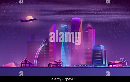Vector moderne Megapolis und private Häuser bei Nacht, Vollmond. Helle, leuchtende Gebäude und fliegende Flugzeuge im Cartoon-Stil. Städtische Wolkenkratzer in Neon Stock Vektor