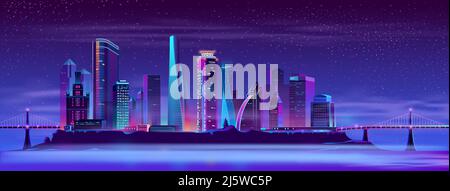 Moderne Metropole Cartoon Vektor Nacht städtischen Hintergrund in Neon-Farben. Futuristische Architektur beleuchtete Wolkenkratzer, Stadtbezirk auf künstlichem i Stock Vektor