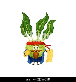 Cartoon Kohlrabi Piraten Gemüse Charakter. Glücklich lächelnd Bauernhof Veggie Vektor-Persönlichkeit mit Pergamentpapier Rollen. Niedliche Kohlrabi Filibuster oder Koren Stock Vektor