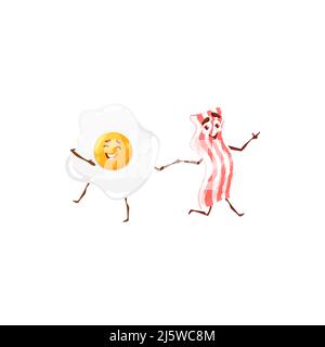 Cartoon lustige Eier und Speck tanzende Charaktere. Nette Vektor-Food-Persönlichkeiten mit Spaß tanzen und freuen sich zusammen. Isolierte Frühstücksadgredienzien Liebe, Freundschaft, Kawaii Freunde freuen sich Stock Vektor