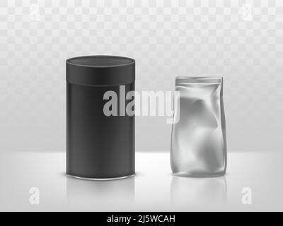 Schwarzes Papppapier Rundrohrbox und Folie, versiegeltes Plastikpaket, Behälter 3D realistischer Vektor auf reflektierender Oberfläche, transparenter Hintergrund. Kontra Stock Vektor