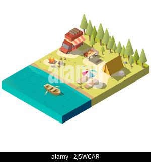 Campingplatz am Flussufer isometrischer Projektionsvektor mit Campingbus, Touristenzelt, Kamin, Esstisch und Boot mit Rudern im Wasser Illustration. Stock Vektor