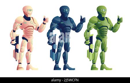 Verschiedene Farben, zukünftige Cyborg Krieger, Soldaten in futuristischer Rüstung, Alien Armee Roboter, Kriegsspiel Charakter bewaffnete Sturmgewehr, Plasma-Pistole, zeigt thu Stock Vektor