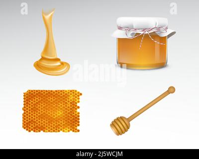 Fließender Honig, Glasglas mit Stoffbezug, Wabe, Holzdipper 3D realistische Vektoren. Bienenzucht Industrie Objekte isoliert auf Gradienten backgr gesetzt Stock Vektor