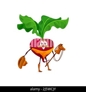 Cartoon Rettich Cowboy, Sheriff, Ranger Charakter. Vector wilden Westen pflanzlichen Helden hält Hut und Stick Pferd in den Händen. Komisches Essen, westliche Persönlichkeit, gesundes Gemüse, glücklicher, mousstachierter Vitamin-Reiter Stock Vektor