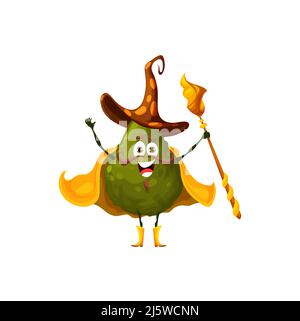 Cartoon Avocado Hexe Charakter, Zauberer Zauberer Obst oder Gemüse mit Zauberstab, isolierte Vektor. Kinder-Persönlichkeit, witziger Avocado-Zauberer, Zauberer oder Hexenmeister in magischem Umhang und Hexenhut Stock Vektor