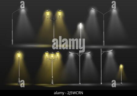 Verschiedene Stadtstraßenlichter leuchten in der Dunkelheit gelb warm und kalt weißes Licht 3D realistische Vektor-Set mit altmodischen, Retro-Laternenpfosten und modern Stock Vektor