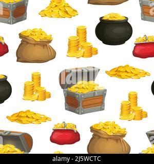 Cartoon goldene Münzen, Nuggets in der Brust, Brieftasche oder Tasche und Topf aus Gold, Vektor nahtlose Muster Hintergrund. Goldgeld und goldene Münzen von Piratentränen Stock Vektor