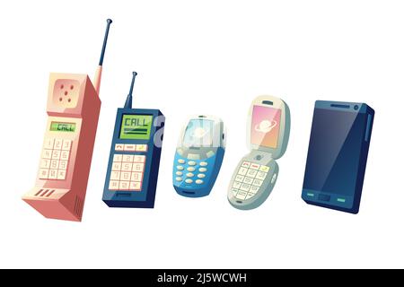 Mobiltelefone Evolution Cartoon Vektor-Konzept. Mobiltelefone Generationen von Vintage-Modellen mit physischen Zifferntasten und einsteckbar Antennen zu m Stock Vektor