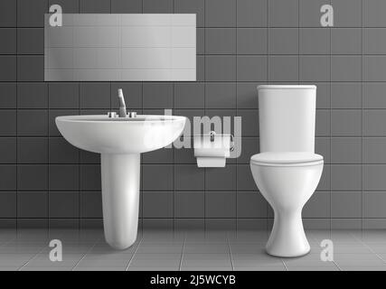 Moderne Toilette Zimmer Interieur 3D realistische Vektor-Mockup. Weiße Keramik-Toilettenschüssel mit Wasserbehälter, Papier auf Metall-Rollenhalter, Waschbecken mit Wasserhahn und ho Stock Vektor