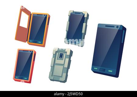 Schutzhüllen, Wasser- und stoßfeste Gehäuse für moderne Mobiltelefone Cartoon-Vektor-Illustration auf weißem Hintergrund isoliert gesetzt. Smartphones prote Stock Vektor