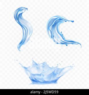 Reines blaues Wasser gefrorene Bewegung Krone Spritzer und verdrehte Wirbel mit Tropfen 3D realistische Vektor-Set isoliert auf transparentem Hintergrund. Klares Süßwasser Stock Vektor