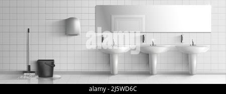 Gewaschen und sauber öffentliche Toilette Innenraum 3D realistische Vektor. Mopp und Eimer, Reihe von Keramikwaschbecken mit metallischen Wasserhähnen, Seifenspender, Handtrockner A Stock Vektor